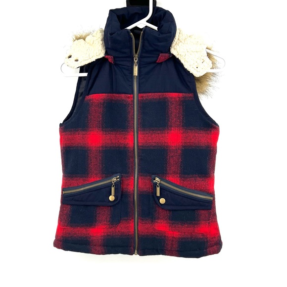 Mossimo Navy Burgundy Plaid Sherpa Faux Fur Fall Vest Size Small Zippered Hood - Picture 2 of 8